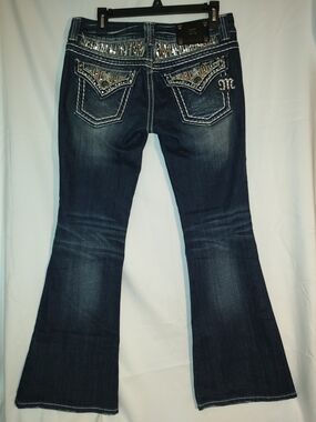 Miss Me Dark Blue Flare Jeans with Sequined Back Pockets